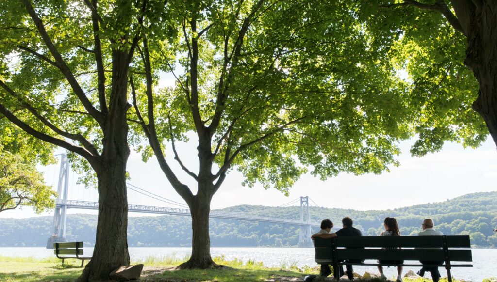 View of Hudson River and Mid Hudson Bridge from park in Poughkeepsie
